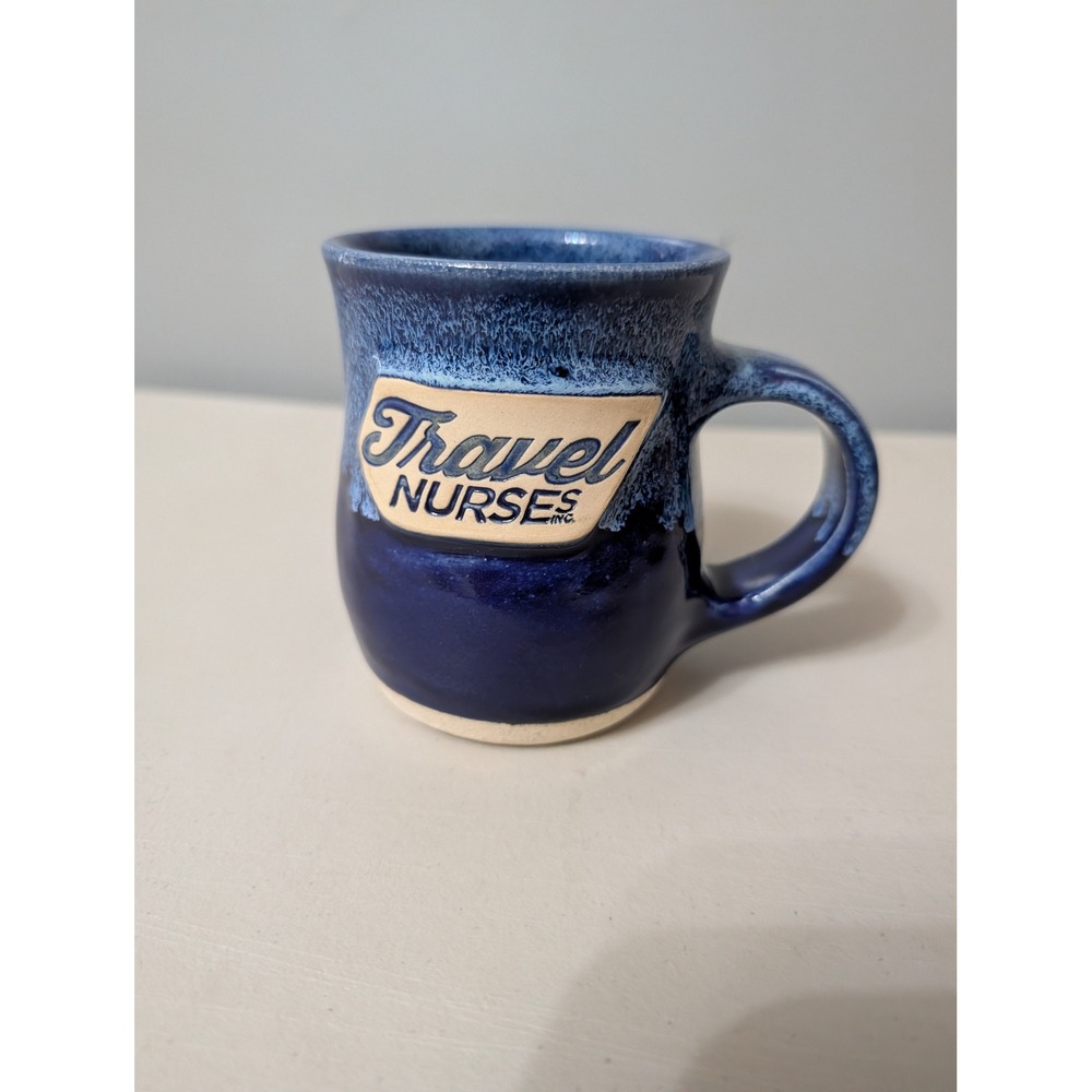 Belltower Memphis Pottery Travel Nurses Ceramic Mug Blue Drip Glaze Handmade